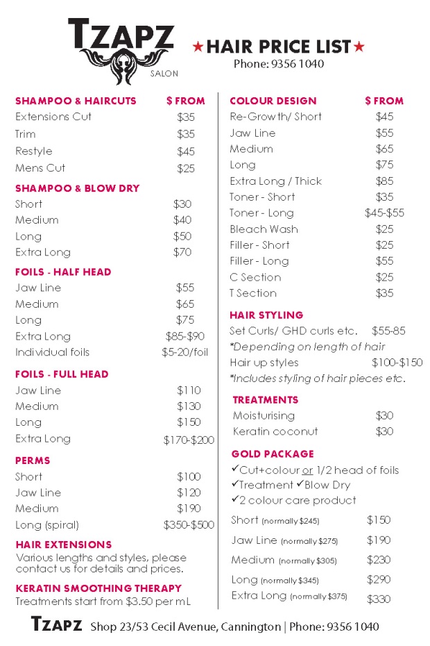 Hair Price List | TZAPZ salon